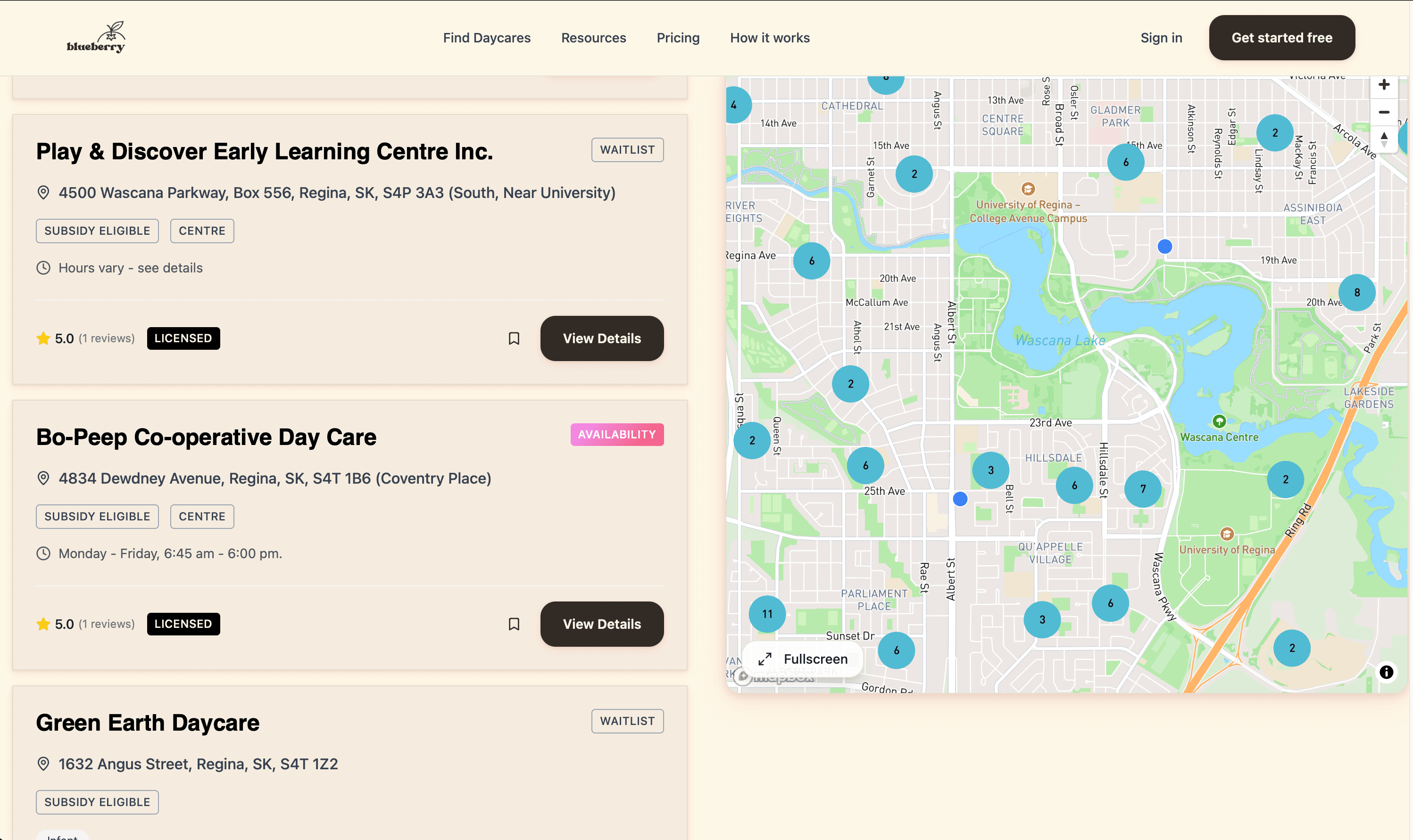 Blueberry personalized daycare search results